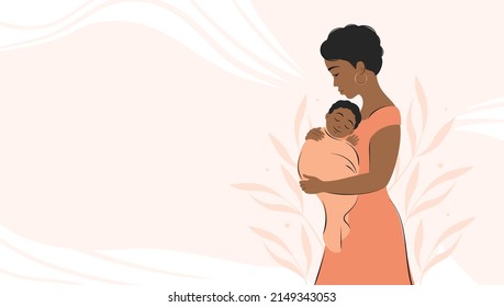 Mujer africana sosteniendo a un bebé en sus brazos.  Cartel sobre el embarazo y la lactancia materna con lugar para texto. Ilustración vectorial.