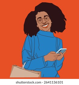 African woman holding a cell phone and a card with shopping bags