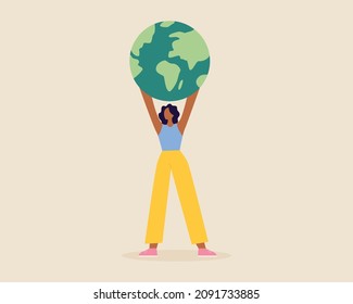 African woman holding globe, earth. Earth day concept. Earth day vector illustration. Saving the planet,environment.Modern cartoon flat style illustration