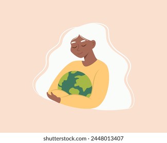 African woman holding globe, Earth like a baby. Happy Earth day. Save the environment. Climate change.Our planet. Modern vector illustration cartoon flat style