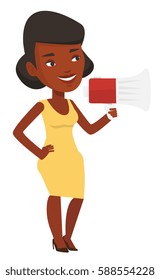 African woman holding megaphone. Promoter speaking into a megaphone. Woman advertising using megaphone. Social media marketing concept. Vector flat design illustration isolated on white background.