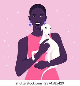 An African woman holding a puppy. Pet adoption and fostering.
Veterinary. Vector illustration in flat style