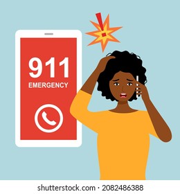 African woman holding smartphone and calling 911 emergency call for police or ambulance. Black female panic and urgent need help.
