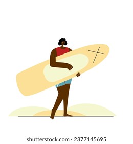 African woman holding sup board at the beach. Simple style abstract human for the main page, banner for website, mobile app, book cover. . Vector illustration