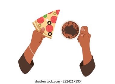 An African Woman holds a cup of coffee and triangle salami pizza slice in hands. Italian fast food pizza with salami. Pizzeria lunch. Vector illustration isolated on the white back