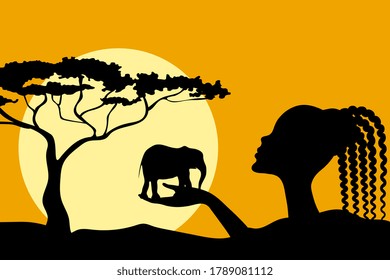 African woman holds elephant in her hand. Black silhouette on the background of sunset in Africa.Wildlife protection concept. Abstract vector illustration.