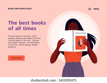 An African woman holds magazine in her hands. Website template about books, literature and reading. Libraries and bookstores. Vector flat illustration