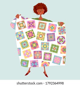 African woman holds a multi-colored quilt. Patchwork. Quilting. Vector illustration.   