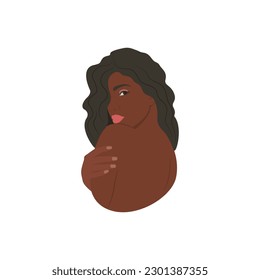 African woman hugging herself, Love and self-care, Vector illustration. Black woman.