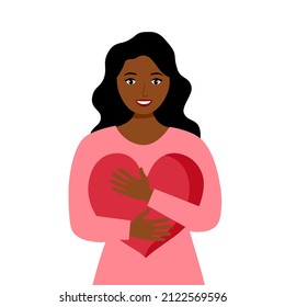 African woman hugging red heart in flat design on white background. Self love.