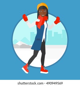 An african woman ice skating on frozen lake on a city background. Sportswoman ice skating on a pond. Woman at the ice rink outdoor. Vector flat design illustration in the circle isolated on background