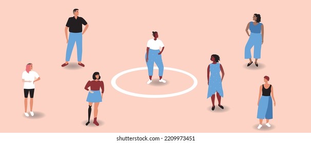 African Woman Introvert And Crowd Of People As Personal Boundaries, Flat Vector Stock Illustration As Concept Of Solitude