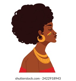 African woman with jeri curls and earrings adorns herself with necklace and earrings her afro hair.
