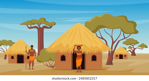 African woman with jug, afro character in tribal traditional costume, standing near ethnic hut house in village, rural African landscape. Vector