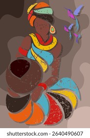 African woman with a jug and birds in an abstract style