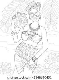 African woman with a jug. Coloring book for adults. Vector black and white image.