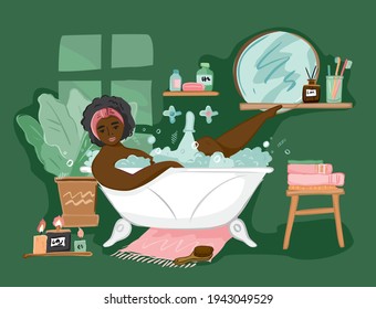 African woman lies in a bubble bath in the interior of bathroom with a window, plant, towels, jars of cosmetics, carpet. Girl takes beauty, healthy treatments. Home relax and spa. Vector illustration