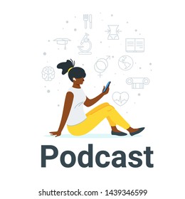 African woman listening to podcast flat vector illustration. Girl in wireless earbuds watching online lecture cartoon character. Teenager listening to music, internet lesson on her smartphone  