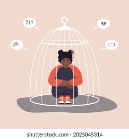 African woman locked in cage. Unhappy female character sitting on floor and hugging knees. Female empowerment movement. Vector illustration in cartoon style.