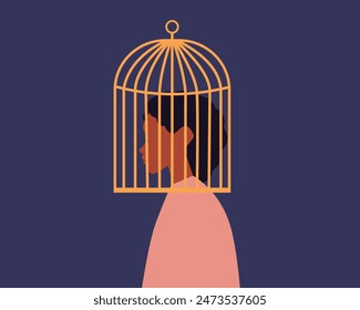 African woman locked in cage.Anxiety or depression, solitude, fear to get outside.Stuck or trapped, fixed thoughts.Female empowerment movement. Vector illustration