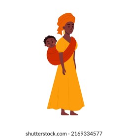 African woman in long yellow dress and headdress with baby in sling on back flat style, vector illustration isolated on white background. Mother and child