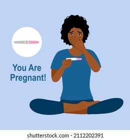 African woman looking at pregnancy test positive result and shock in flat design. You are pregnant concept vector illustration.