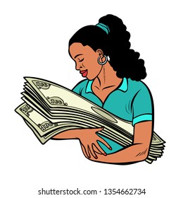 african woman loves money. Bank lottery win. isolate on white background Comic cartoon pop art vector retro vintage drawing