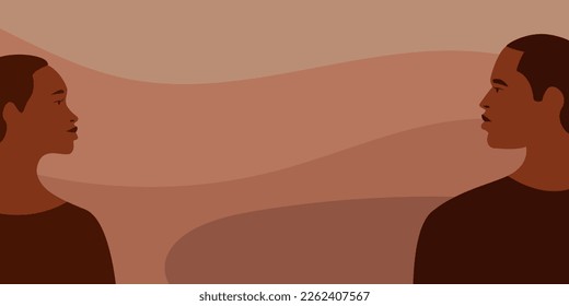 African woman and man face silhouette. Young attractive modern female brutal male profile sign 