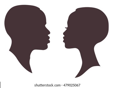 African woman and man face silhouette. Young attractive modern female brutal male profile sign logo