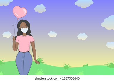 African woman in mask hold heart shaped helium balloon. Vector illustration.