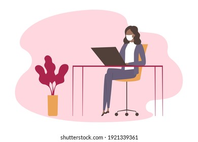 African woman in mask sitting at desk and working on laptop. Vector illustration.