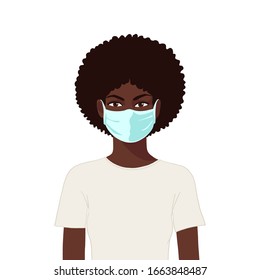 African woman with medical mask. Coronavirus protection concept. Realistic portrait on white background. Flat hand drawn vector illustration.