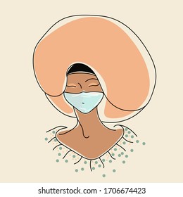 African woman with medical mask. Covid-19, coronavirus protection. Hand drawn portrait of a girl wearing protective face element to prevent disease,flu, contamination,pollution.Vector illustration.