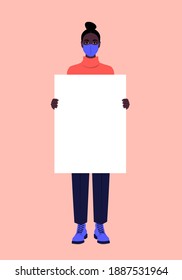 An African woman with a medical mask is holding an empty poster. Epidemic, coronavirus. Protesting. Full-length portrait. Vector flat illustration