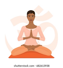 African woman meditating in lotus pose. Girl with crossed legs. Yoga, sport and fitness. Vector illustration