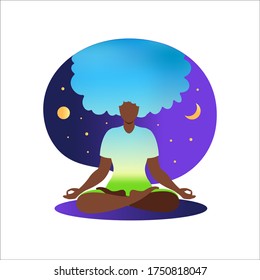 African woman meditating with nature background and her hair up. Meditation concept. Woman sitting in lotus position practicing meditation. in lotus pose. Vector illustration in flat style.