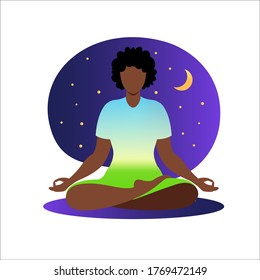 African woman meditating with nature background and her hair up. Meditation concept. Woman sitting in lotus position practicing meditation. in lotus pose. Vector illustration in flat style.