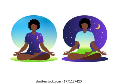 African woman meditating with nature background and her hair up. Meditation concept. Woman sitting in lotus position practicing meditation. in lotus pose. Vector illustration in flat style.