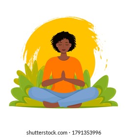 African Woman meditating in nature leaves background. Female doing yoga, sport, recreation, relax. Vector illustration in flat style