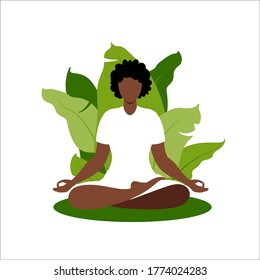 African woman meditating on nature background. Meditation concept. Woman sitting in lotus position practicing meditation. Vector illustration in flat style.