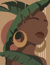 African Woman With Monstera Tropical Leaves. Vector Illustration In Vintage, Retro Style. Faceless, Avatar. Painting For The Interior