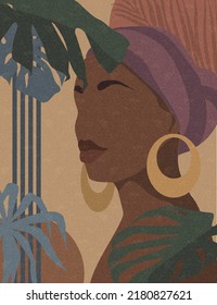 Mujer africana con hojas tropicales monsteras. Ilustración vectorial en estilo vintage, retro. Sin rostro, Avatar. Pintura para la decoración