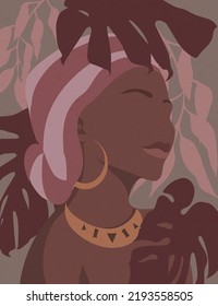 African Woman With Monstera Tropical Leaves. Vector Illustration In Vintage, Retro Style. Faceless, Avatar. Painting For The Interior