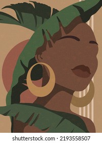 African Woman With Monstera Tropical Leaves. Vector Illustration In Vintage, Retro Style. Faceless, Avatar. Painting For The Interior