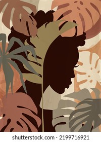 African Woman With Monstera Tropical Leaves. Vector Illustration In Vintage, Retro Style. Faceless, Avatar. Painting For The Interior