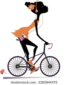 African woman with a music player riding a bike. 
Cycling young African woman listening music on player using headphones. Illustration on white background
