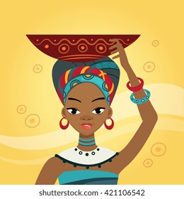 African Woman In Nation Clothes Flat Bright Color Simplified Vector Illustration In Realistic Cartoon Style Design