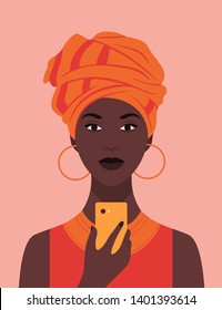 African woman in national headdress with a phone. Portrait. Avatar. Addiction on the smartphone and the Internet. Social networks. Vector flat illustration