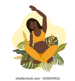african woman and nature elements. yoga pregnant women concept. Relax, meditation for the expectant mother. vector illustration