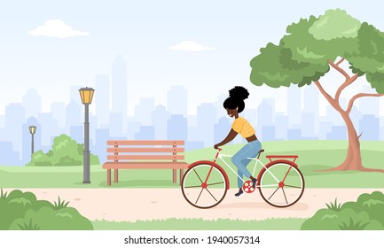 African woman on bicycle rides around city. Spring landscape. Summer background. Cute happy young girl on bike at park. Sports and leisure outdoor activity. Vector illustration in flat cartoon style.